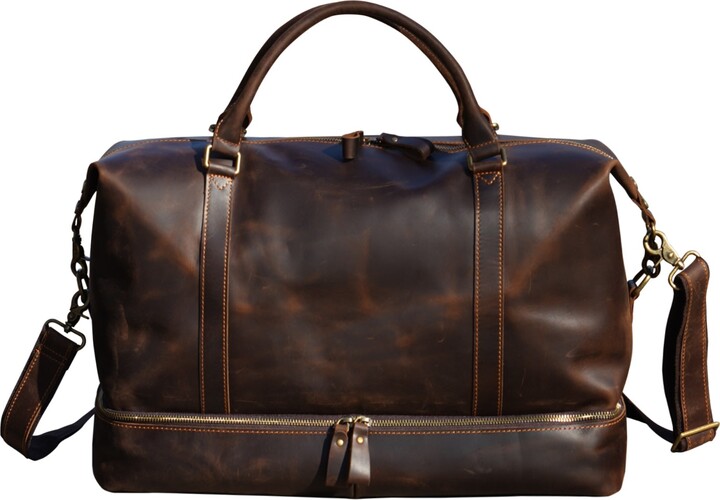 Touri Men's Leather Weekend Bag With Suit Compartment Dark Brown