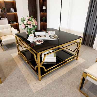 33.5" Square Glass Coffee Table with Gold Geometric Metal Frame & Lower Shelf – Modern Luxe Living Room Centerpiece