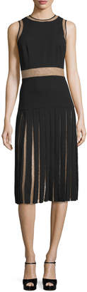 Michael Kors Collection Sleeveless Pleated Dress W/Lace Insets, Black