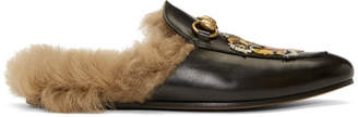 Gucci Black Wool-Lined Tiger Princetown Slippers