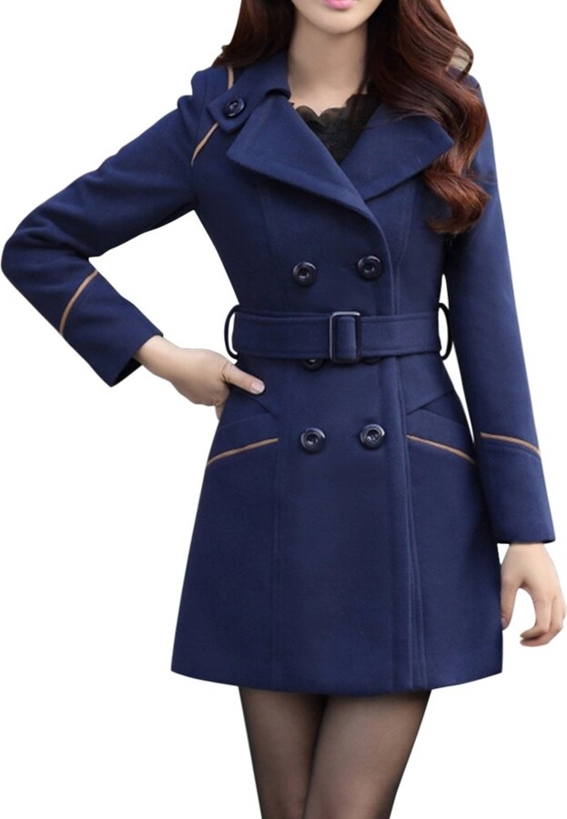 semen Womens Double Breasted Wool Blend Jacket Vintage Lapel Trench