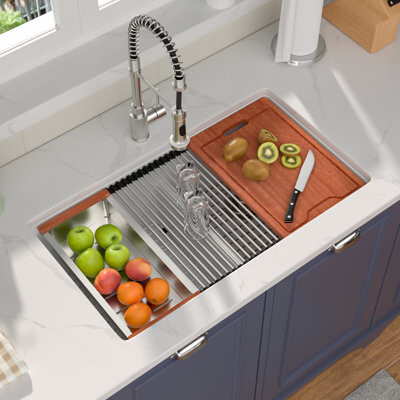 GhomeG 33\"L*19\"W*9.65\"H Quartz Kitchen Sink Undermount Double Bowl Sink Workstation Low-divider Sink with Accessories