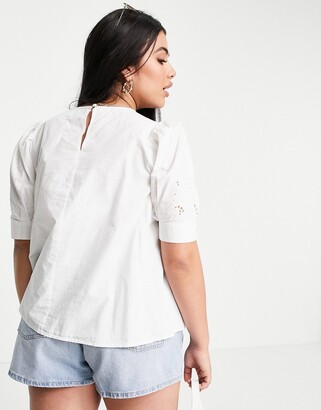 ASOS Curve ASOS DESIGN Curve short sleeve cotton top with floral cutwork in ivory