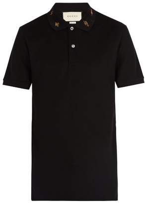 Gucci Embroidered Collar Stretch Cotton Polo Shirt - Mens - Black