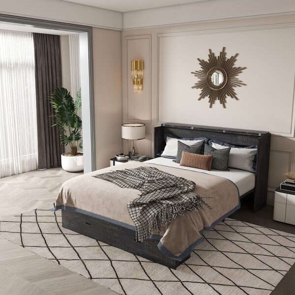 GDFStudioBrynnModernFullSizeMurphyBedwithStorageDrawerandSwivelWheels,CarbonBlack