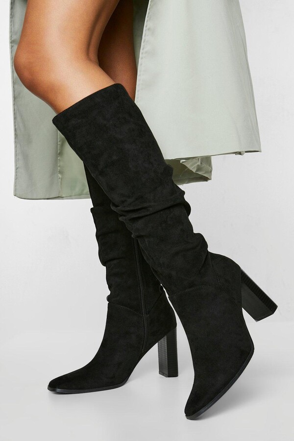 boohoo Ruched Block Heel Knee High Boot ShopStyle