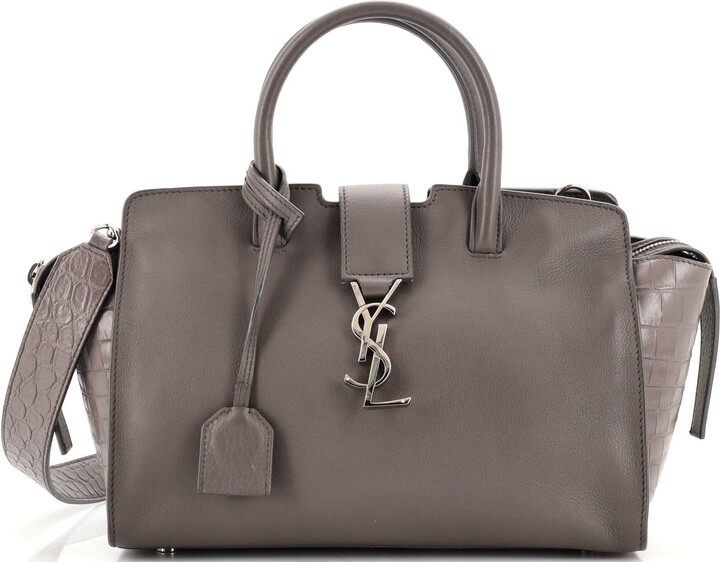 Saint Laurent Monogram Cabas Downtown Leather with Crocodile Embossed Leather Baby Gray