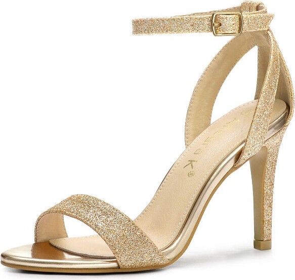 Perphy Women's Glitter Ankle Strap Chunky High Heels Sandals Gold 6