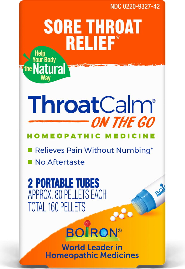 Boiron ThroatCalm On the Go, Homeopathic Medicine for Sore Throat Relief, Hoarseness, Red, Dry and Sore Throat, 2 x 80 Pellets, 160CT