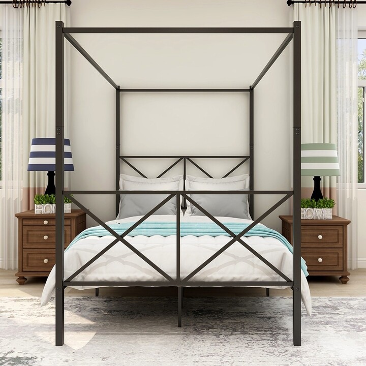Full Black Metal Canopy Bed Frame Platform Bed with X Shaped ShopStyle