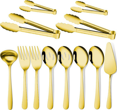 12-Piece Serving Utensil Set, Stainless Steel Buffet Serving Spoons, Forks, Tongs, Ladle & Pie Server For Catering, Parties & Home Dining