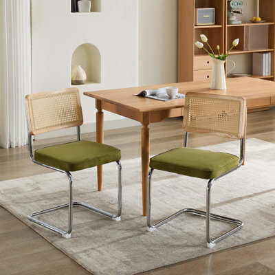 Bay Isle Home Mid Century Modern Dining Chairs Set of 2Velvet Accent Chairs with Natural Cane Back & Stainless Chrome BaseUpholstered Rattan Kitchen Chairs