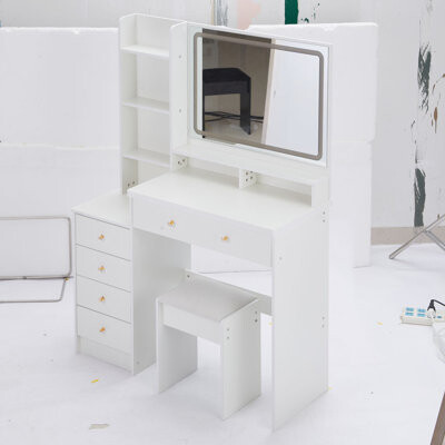 Large Size Left Bedside Cabinet with Cushioned Stool, Extra Large Touch Control LED Mirror, 3-Color Switch, Multi-Layer High Capacity Storage, Fashion