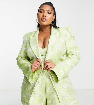 ASOS Luxe Curve jacquard blazer with shoulder pads in green (part of a set)