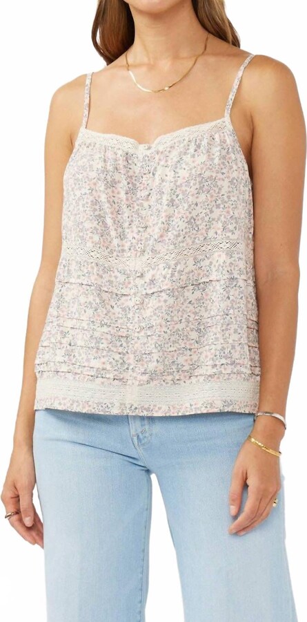 Love Stitch Lace-Trimmed Button Down Floral Spaghetti Tank Top In Natural Pink