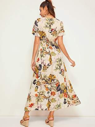 Shein Botanical Print Shirred Waist Button Front Dress