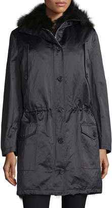 Michael Kors Button-Front Anorak Jacket W/Fur Hood, Black