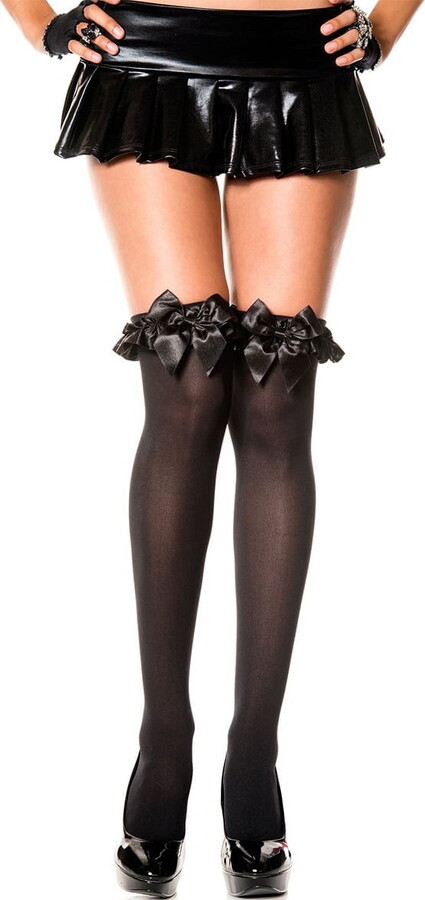 Music Legs Women’s Thigh High with Satin Ruffle and Bow Black One Size Fits Most 4722-BLACK