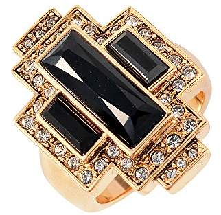 Cristalina Gatsby 18k Gold Plated Jet Art Deco Style Crystal Statement Ring with Antique Finish - Size R
