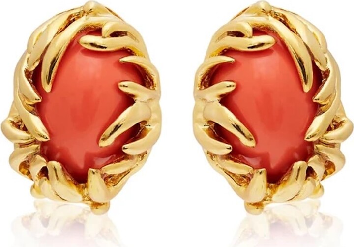 Kenneth Jay Lane Coral-Color Clip-On Button or Cabochon Hoop Earrings (Gold Branch)