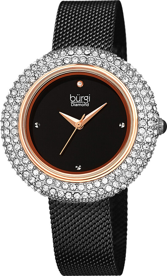 Burgi Women's Stainless Steel Mesh Diamond Watch