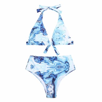 QIAN'S Women's Scalloped Swimwear High Waisted Wide Strap Adjustable Back Lace-up Bikini Set Swimsuit Blue
