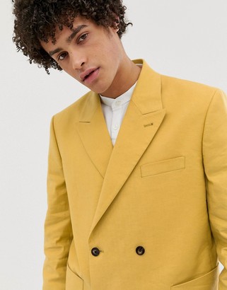 ASOS DESIGN boxy double breasted suit jacket in mustard linen