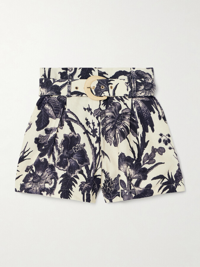 Cara Cara Palmer Belted Pleated Floral-print Linen Shorts - Blue