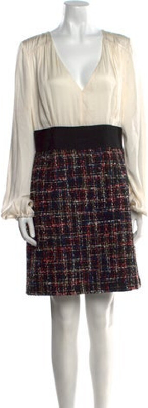 Milly Silk Shift Dress White Tweed Pattern Pleated & Grosgrain Accents Long Sleeve with V-Neck Concealed Zip Closure at Side Designer