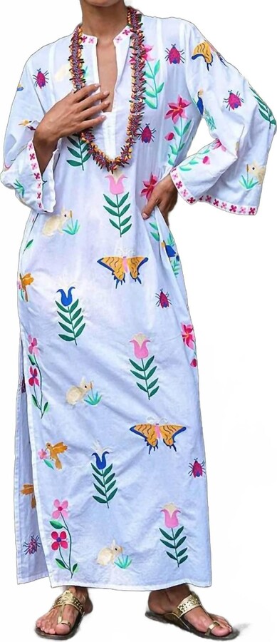 Nimo with Love Opal Cotton Kaftan Dress In White/mexican Embroidery
