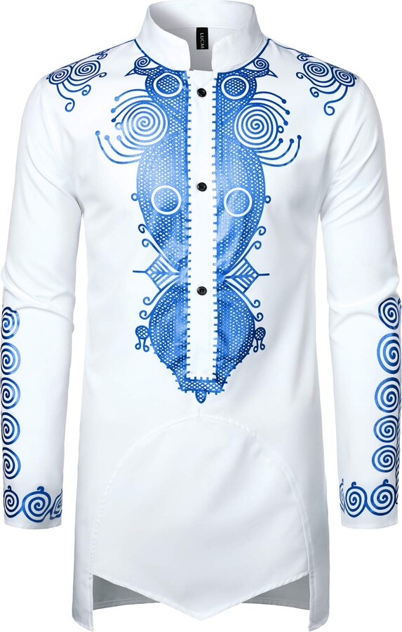 LucMatton Men's Traditional African Long Sleeve Dashiki Shiny Metallic Pattern Printed Party Shirt 