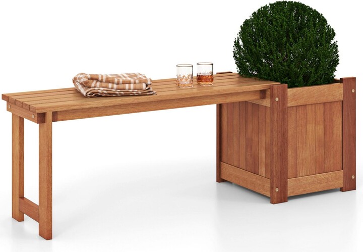 Sugift Teak Oil Finish Raised Garden Bed Wood Planter Box with Bench