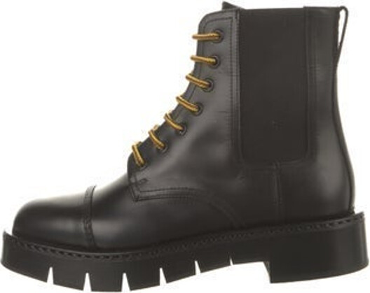Ferragamo Leather Ankle Combat Boots Black Round-Toes Platform Lace-Up Closure at Uppers Includes Box, Dust Bag & Additional Laces Designer
