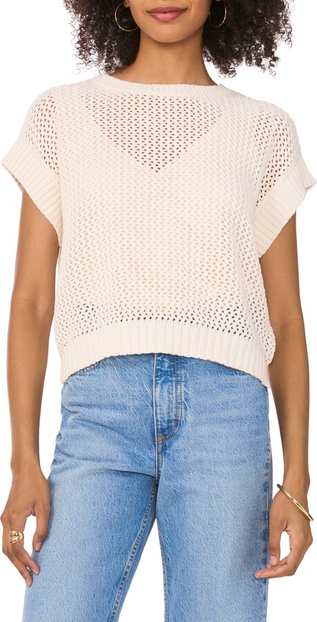 Vince Camuto Open Stitch Short Sleeve Cotton Sweater