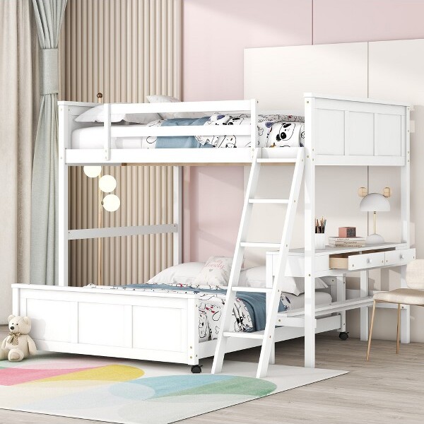 Mshliw FullOverFullBunkBedwithDeskandDrawersSolidWoodFramewithStorageSlatSupportSpace-SavingBedforKidsorTeens