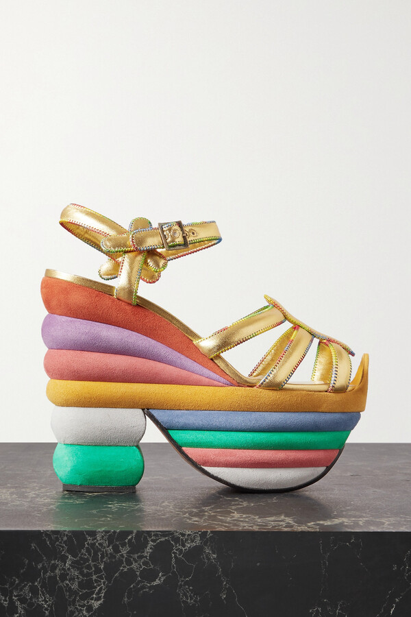 Ferragamo Creations Rainbow 1938 Metallic Leather And Suede Platform Sandals  - Gold - ShopStyle