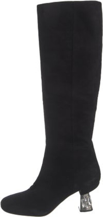 Miu Miu Suede Mid-Calf Boots Black Round-Toes with Crystal Embellishments Concealed Zip Closure at Sides Includes Dust Bag Designer