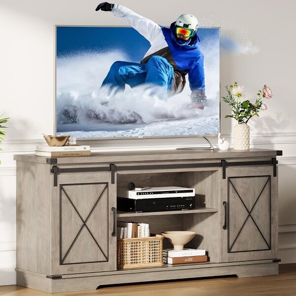 TruAIR FarmhouseTVStandforTVupto65inandEntertainmentCenterwithSlidingBarnDoorsandAdjustableShelfMediaConsoleTablewithStorageCabinet