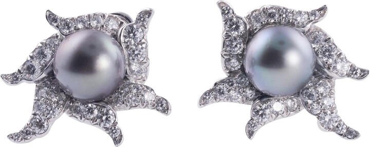 Angela Cummings Assael Tahitian South Sea Pearl Diamond Gold Platinum Earrings