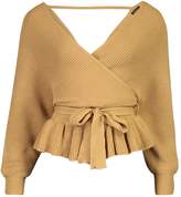Thumbnail for your product : boohoo Petite Wrap Tie Waist Peplum Knitted Sweater