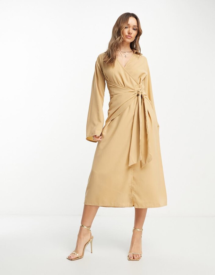 Shirt Dress Camel Wrap Dress Camel Button Front Tie Shirt Midi Dress