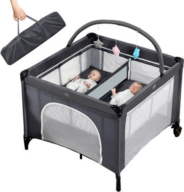 Twin Bassinet - Foldable Double Bassinet For Twins With Hanging Toys & Storage Basket, Portable Bedside Sleeper Pack And Play With Carry Bag Grey