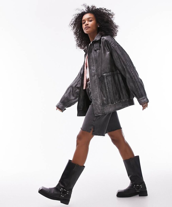 Topshop premium real leather super washed oversized bomber