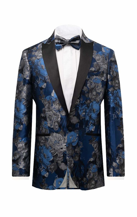 Dobell Mens Blue Floral Jacquard Tuxedo Jacket Regular Fit Contrast Peak Lapel
