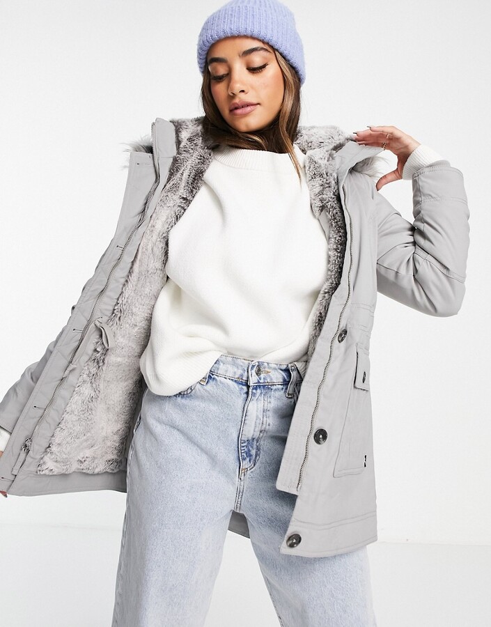 grey faux fur lined fallaway jacket