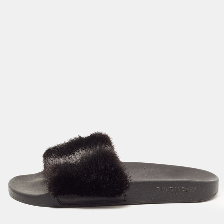 Louis Vuitton Brown Mink Fur Lock It Flat Slide Sandals, Size 39