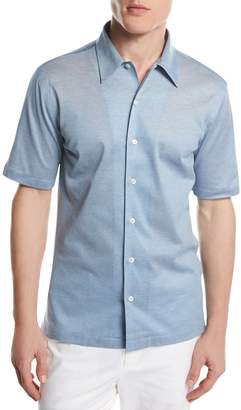 Brioni Piqué Knit Button-Front Shirt, Light Blue