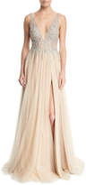 Thumbnail for your product : Jovani Sleeveless High-Slit Embellished Bodice Evening Gown