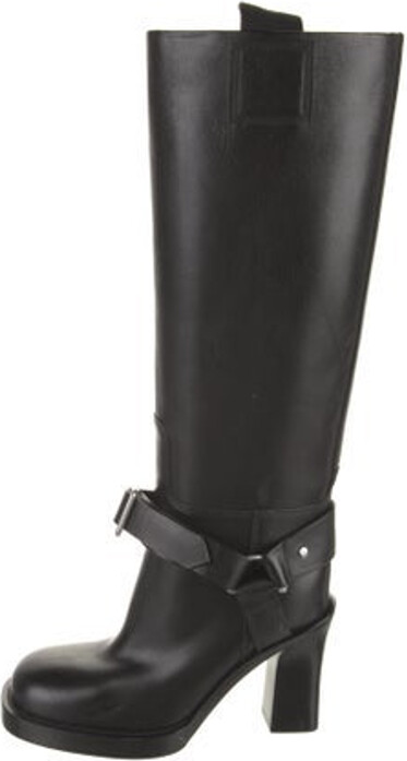 Burberry Leather Knee-High Rain Boots Black Square-Toes Platform Wrap-Around Straps Includes Dust Bag Designer
