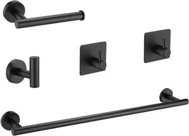 EHABLIX Bathroom Hardware 5-Piece Bath Hardware Set With Towel Bar, Robe Hook, Toilet Paper Holder In Matte Black